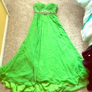 Prom dress with woven bodice and jeweled waist